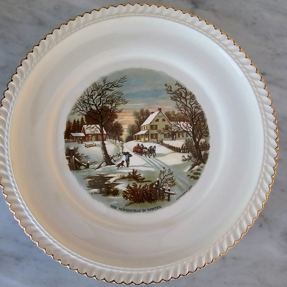 Currier & Ives Winter Scene Decorative Plate with Gold Trim